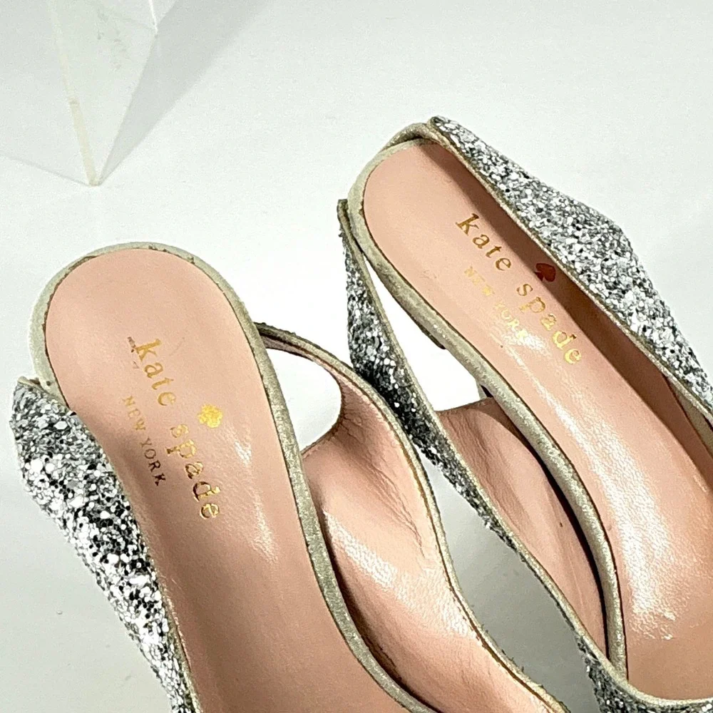 Kate Spade New York‎ Size 5 Silver Glitter Bow Slingback Heels Weddding Bridal